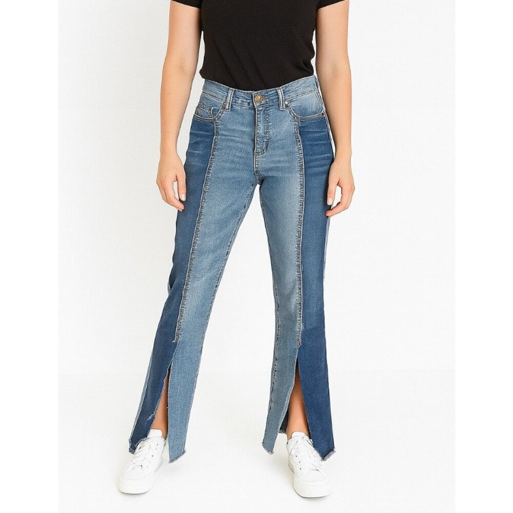 Blank NYC jeans two tone denim 70's front hem slit frayed bottom cropped SZ 28"